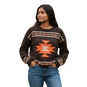Aztec Sweater Women’s Size XS Black Orange Gold Glitter Warm Pullover
